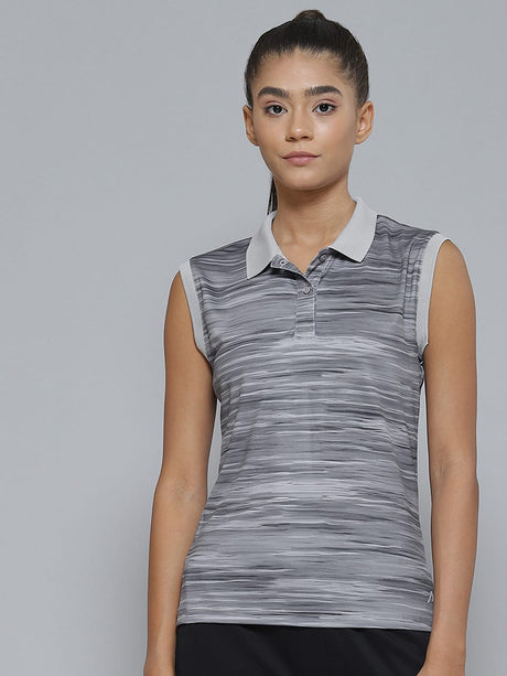 Alcis Women Grey Striped Polo Collar Slim Fit T-shirt | Alcis