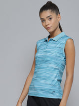 Alcis Women Blue Striped Polo Collar Slim Fit T-shirt