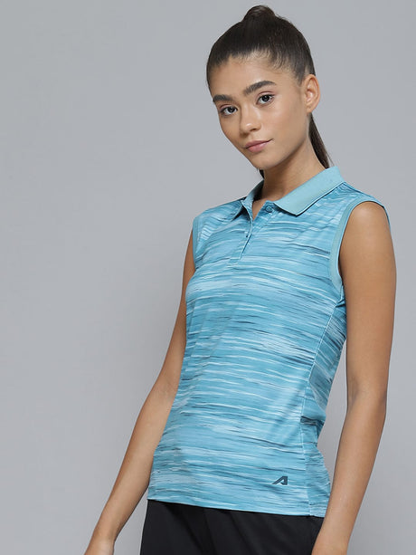 Alcis Women Blue Striped Polo Collar Slim Fit T-shirt | Alcis