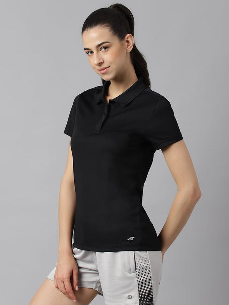 Alcis Women Black Anti-Static Soft-Touch Slim-Fit Training Polo Wonder T-Shirt