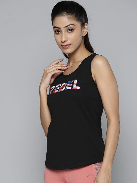 Women Black Typography Printed Slim Fit Training or Gym T-shirt | Alcis