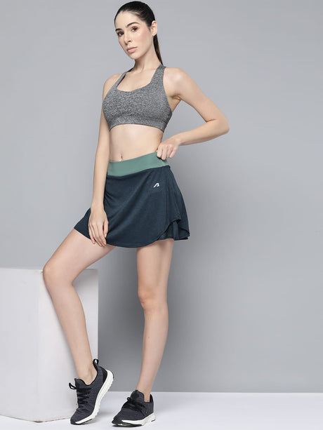 Alcis Women Navy Blue Green Solid Sports Wrap Mini Skirt