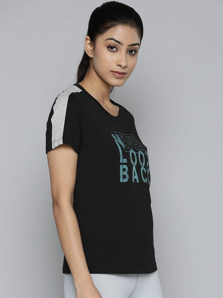 Women Black & Blue Typography Printed Slim Fit Training or Gym T-shirt | Alcis