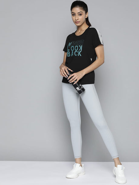 Women Black & Blue Typography Printed Slim Fit Training or Gym T-shirt | Alcis