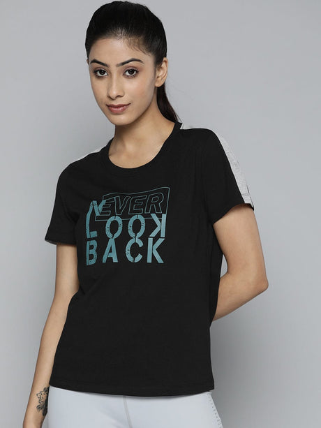 Women Black & Blue Typography Printed Slim Fit Training or Gym T-shirt | Alcis