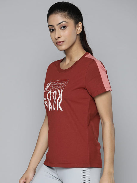 Women Rust Red & White Typography Printed Slim Fit Training or Gym T-shirt | Alcis