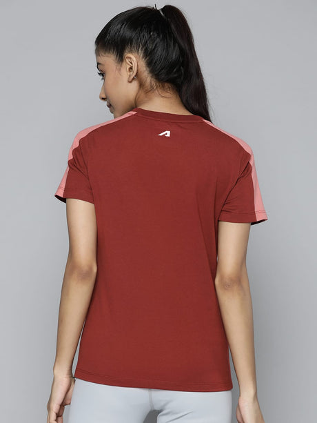 Women Rust Red & White Typography Printed Slim Fit Training or Gym T-shirt | Alcis