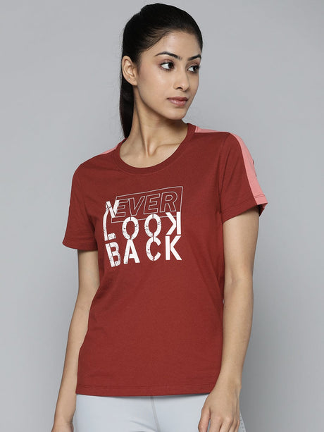Women Rust Red & White Typography Printed Slim Fit Training or Gym T-shirt | Alcis