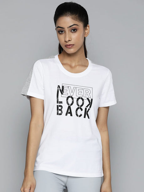 Women White & Black Typography Printed Slim Fit Training or Gym T-shirt | Alcis