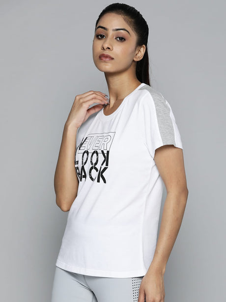 Women White & Black Typography Printed Slim Fit Training or Gym T-shirt | Alcis