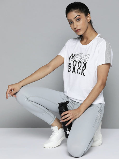 Women White & Black Typography Printed Slim Fit Training or Gym T-shirt | Alcis