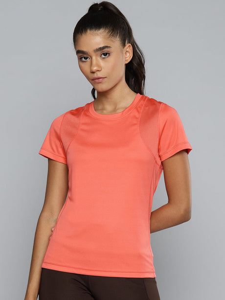 ALCIS Women Coral Pink Solid Slim Fit T-shirt | Alcis