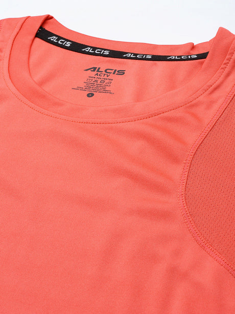ALCIS Women Coral Pink Solid Slim Fit T-shirt | Alcis