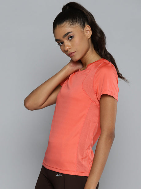 ALCIS Women Coral Pink Solid Slim Fit T-shirt | Alcis