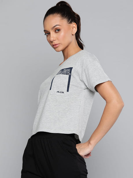Alcis Women Grey Melange Typography Printed Slim Fit T-shirt | Alcis