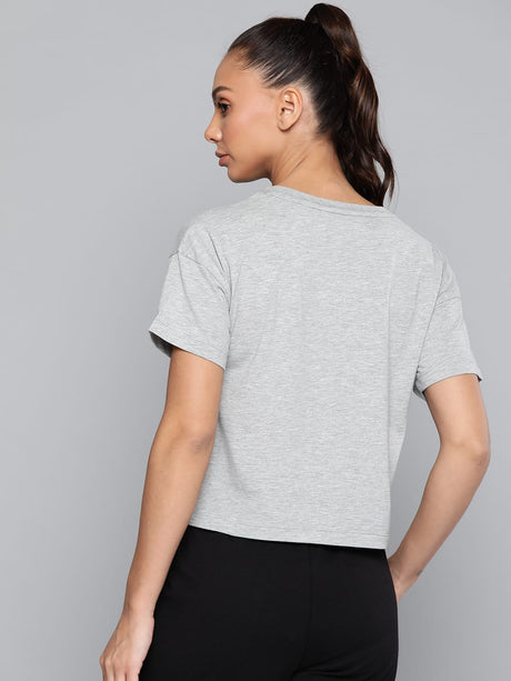 Alcis Women Grey Melange Typography Printed Slim Fit T-shirt | Alcis