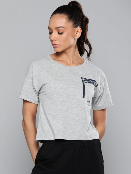 Alcis Women Grey Melange Typography Printed Slim Fit T-shirt | Alcis
