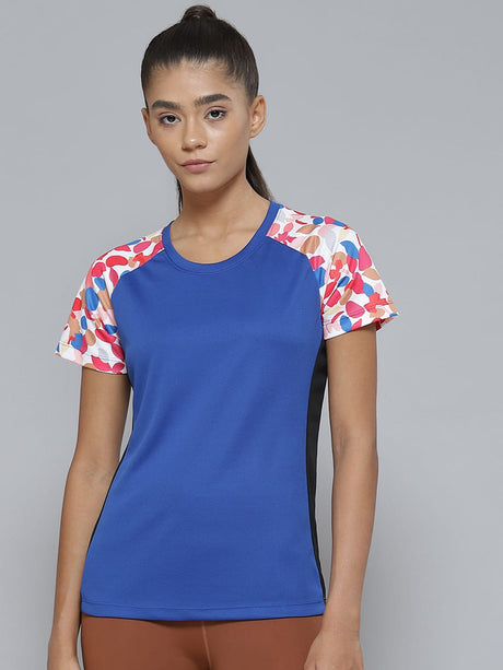 Alcis Women Blue Pink Printed Slim Fit Sports T-shirt | Alcis
