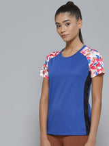 Alcis Women Blue Pink Printed Slim Fit Sports T-shirt