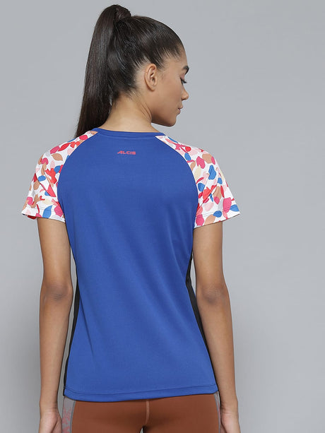 Alcis Women Blue Pink Printed Slim Fit Sports T-shirt | Alcis