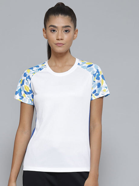 Alcis Women White Blue Printed Slim Fit Sports T-shirt | Alcis