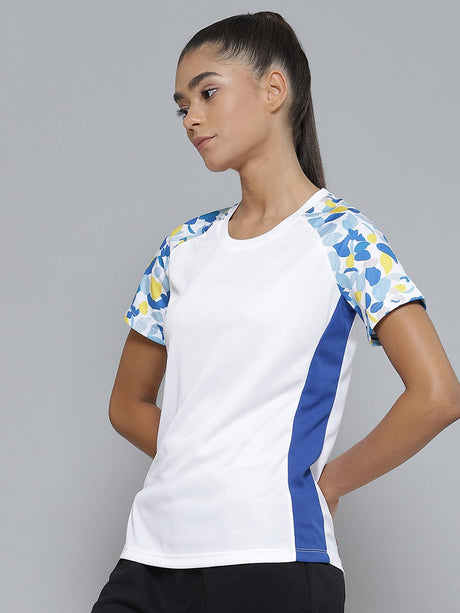 Alcis Women White Blue Printed Slim Fit Sports T-shirt | Alcis