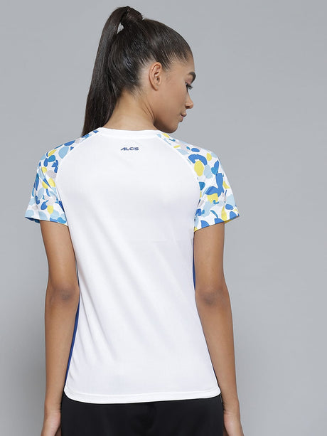 Alcis Women White Blue Printed Slim Fit Sports T-shirt | Alcis