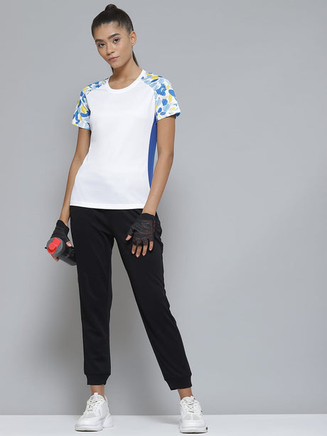 Alcis Women White Blue Printed Slim Fit Sports T-shirt | Alcis