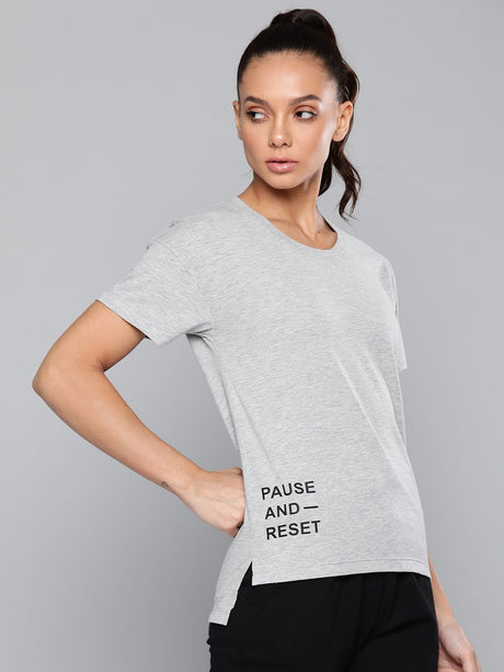 Alcis Women Grey Melange Typography Printed Slim Fit T-shirt | Alcis