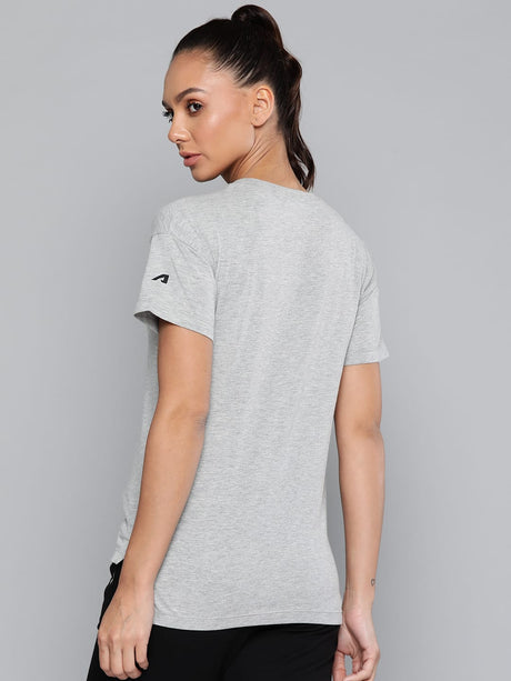 Alcis Women Grey Melange Typography Printed Slim Fit T-shirt | Alcis