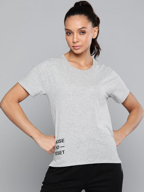 Alcis Women Grey Melange Typography Printed Slim Fit T-shirt | Alcis