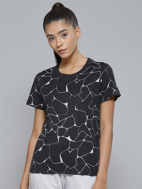 Alcis Women Black White Printed Monochrome Slim Fit T-shirt | Alcis