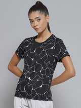 Alcis Women Black White Printed Monochrome Slim Fit T-shirt