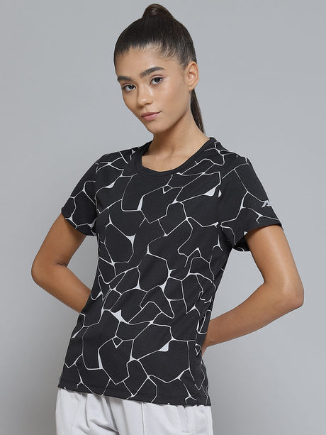 Alcis Women Black White Printed Monochrome Slim Fit T-shirt | Alcis