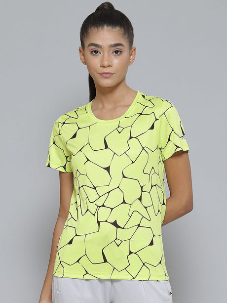 Alcis Women Lime Green Printed Slim Fit Sports T-shirt | Alcis