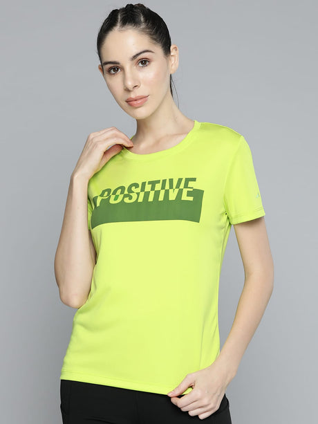 Alcis Women Fluorescent Green Typography Printed Slim Fit T-shirt | Alcis