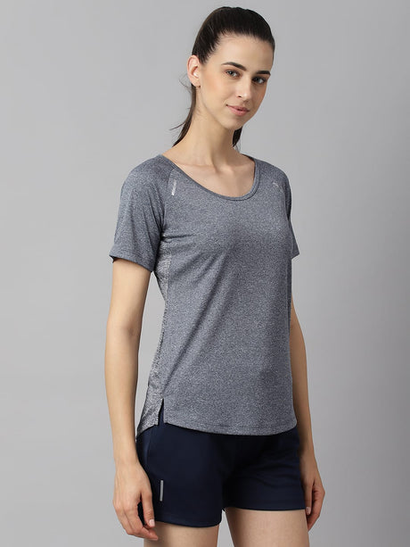 Alcis Women Navy Heather Anti-Static Slim-Fit Round Neck Distance Training T-Shirt