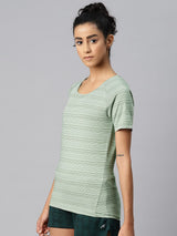 Alcis Women Green Striped Dry Tech Slim Fit T-shirt