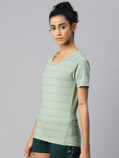 Alcis Women Green Striped Dry Tech Slim Fit T-shirt
