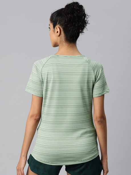 Alcis Women Green Striped Dry Tech Slim Fit T-shirt
