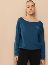 Alcis Women Blue Typography Detail Drop-Shoulder Sleeves Yoga T-shirt