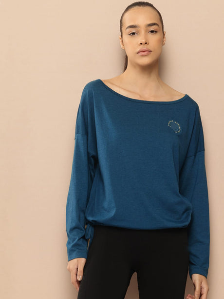 Alcis Women Blue Typography Detail Drop-Shoulder Sleeves Yoga T-shirt