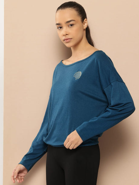 Alcis Women Blue Typography Detail Drop-Shoulder Sleeves Yoga T-shirt