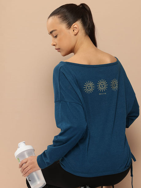 Alcis Women Blue Typography Detail Drop-Shoulder Sleeves Yoga T-shirt