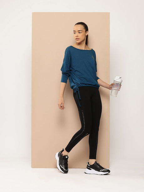 Alcis Women Blue Typography Detail Drop-Shoulder Sleeves Yoga T-shirt