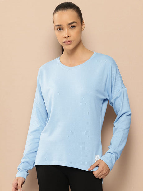 Alcis Women Blue Solid Drop-Shoulder Sleeves T-shirt