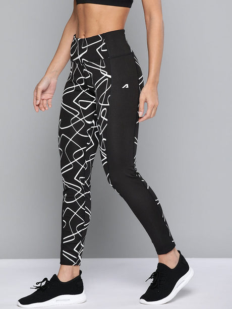 Alcis Women Black White Patterned Ankle-Length Sports Tights | Alcis