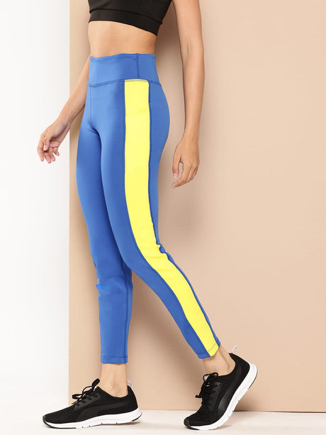 Alcis Women Printed Cobalt Blue Colour Blocked Anti-Static Slim-Fit Full-Length Sports Tights