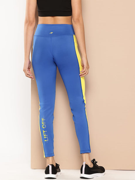 Alcis Women Printed Cobalt Blue Colour Blocked Anti-Static Slim-Fit Full-Length Sports Tights