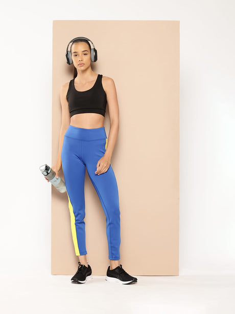 Alcis Women Printed Cobalt Blue Colour Blocked Anti-Static Slim-Fit Full-Length Sports Tights